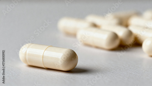Close-up macro shot of ivory capsules on a table with one capsule in focus and others blurred
