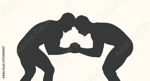 Vector art of two wrestlers in silhouette facing each other with heads touching and hands clasped in a wrestling stance
