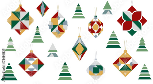 Festive Geometric Christmas Ornaments and Trees in a Whimsical Pattern