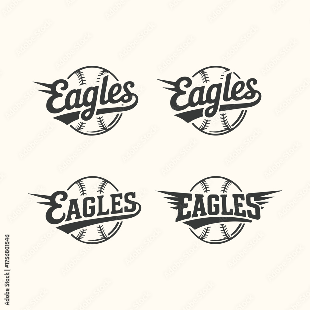 Fototapeta premium Vector art of set of four stylized eagle baseball logos with the word eagles, isolated on a light background