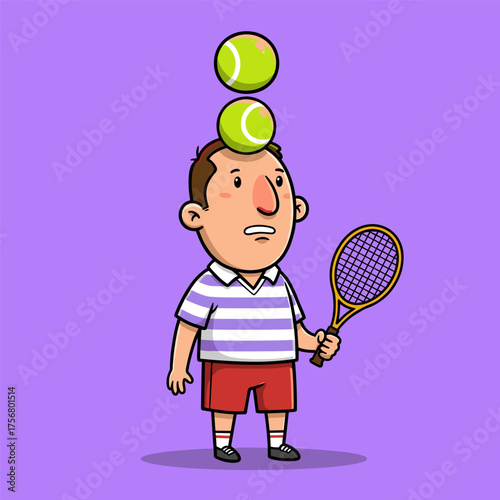 A surprised or confused cartoon man wearing a striped shirt and red shorts balances two tennis balls on his head while holding a racket. The background is a solid lavender-purple.