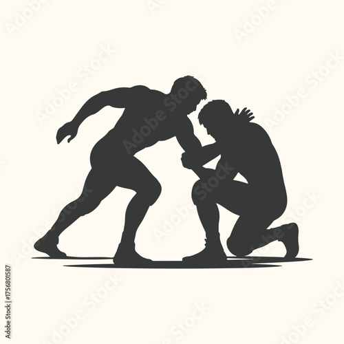 Vector art of silhouette of two wrestlers grappling in a competitive match, symbolizing strength and athleticism