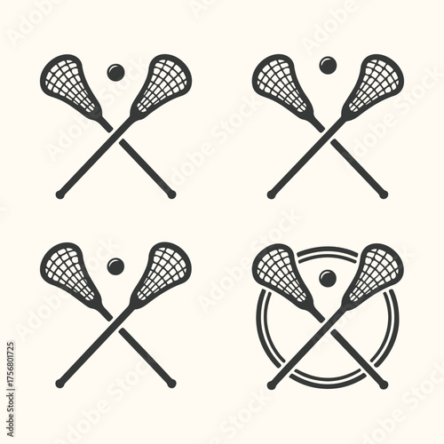 Vector art of set of four crossed lacrosse sticks and balls, graphic illustration