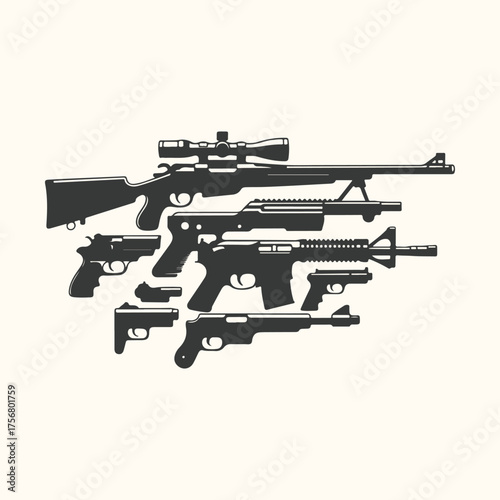 Vector art of collection of various firearms including rifles, shotguns, and handguns, silhouetted against a neutral background