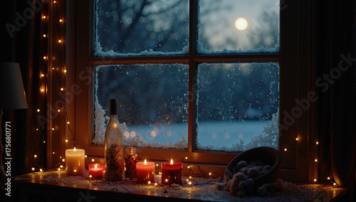 Warm Christmas home ambiance with candles, tree lights, fireplace glow, and festive winter charm.