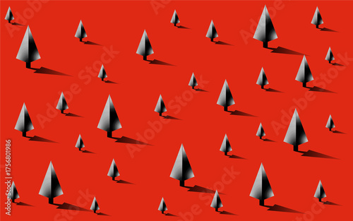 Minimalist Cone Trees Casting Shadows on Vibrant Red Background, Christmas Background