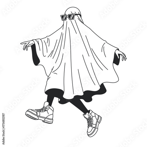 A modern ghost character, draped in a white sheet, wearing stylish sunglasses and trendy sneakers, embodies a cool and playful Halloween spirit.