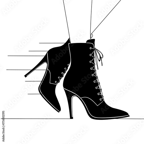 This elegant black and white minimalist line art illustration beautifully captures the sophisticated allure of high-heeled lace-up ankle boots, embodying contemporary fashion.