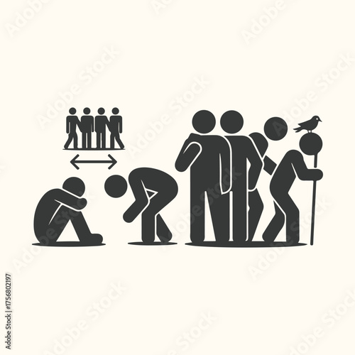 Vector art of social distancing concept with a lonely person separated from a group of people