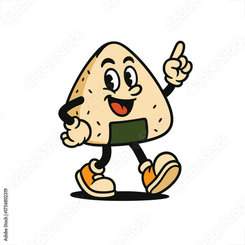 Onigiri Rice Ball. Walking onigiri rice ball character with retro cartoon illustration style