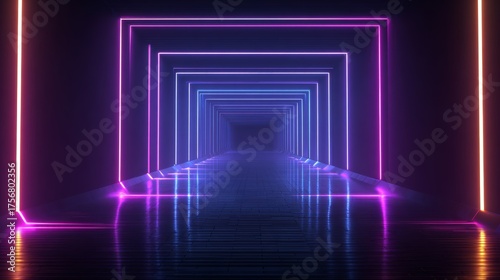 Abstract Neon Corridor: Futuristic Purple, Blue, and Orange Glowing Lines, Reflective Floor, Dark Background.