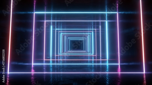 Abstract Neon Tunnel: Pink and Blue Glowing Lines, Futuristic Sci-Fi Corridor, Dark Reflective Floor.