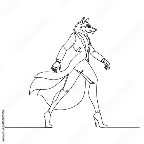 An elegant anthropomorphic wolf, dressed in a stylish long coat and high heels, strides confidently forward in a minimalist single line art illustration.