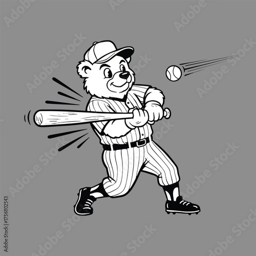 Bear Baseball Player. Bear hitting baseball with retro cartoon illustration style