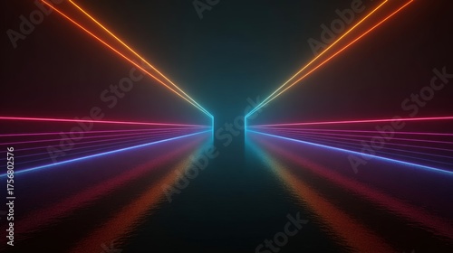Abstract Neon Corridor: Vibrant Pink, Blue, and Orange Glowing Lines Reflecting on Dark Water Surface.