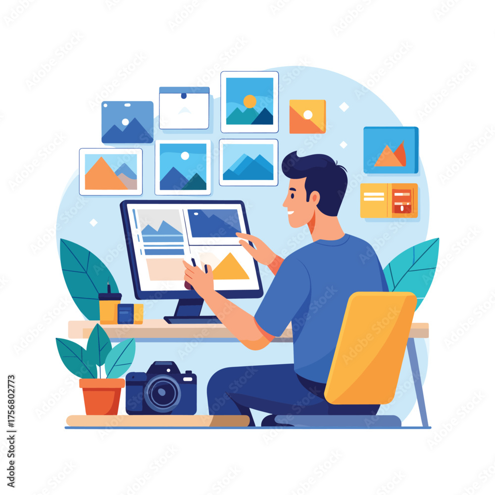 Fototapeta premium Man Editing Photos on Computer, Digital Workspace, Creative Professional