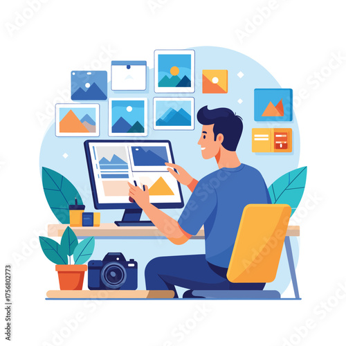 Man Editing Photos on Computer, Digital Workspace, Creative Professional