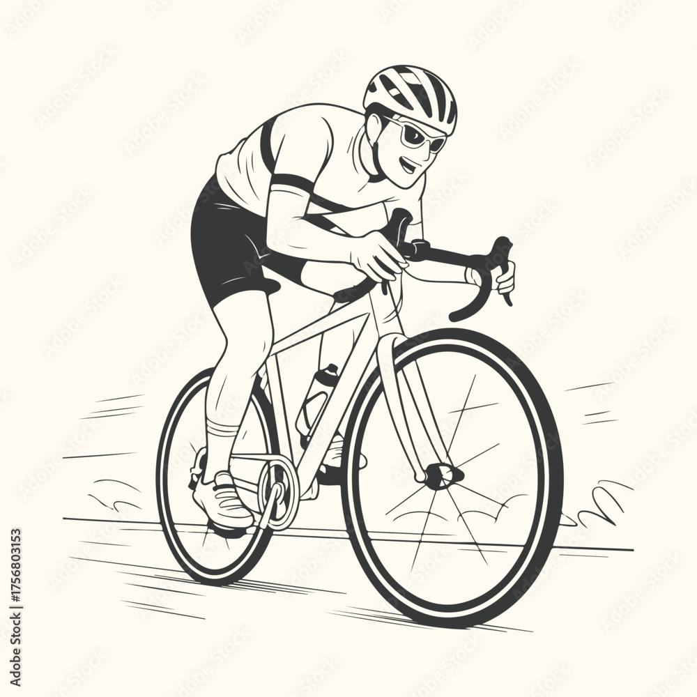 Fototapeta premium Vector art of man riding a bicycle on a road, wearing a helmet and sunglasses, illustration
