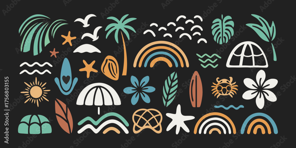 Naklejka premium Bohemian tropical summer elements collection with palm trees sun rainbows and ocean waves