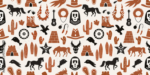Whimsical western pattern with cowboys horses cacti and skull motifs