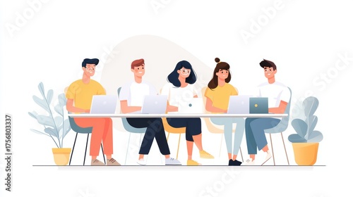 Happy diverse team collaborating on laptops, modern flat design, cheerful mood.