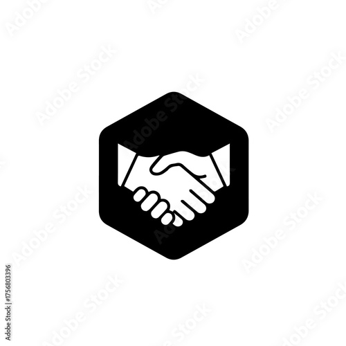A stylized black hexagon icon featuring two hands engaged in a firm handshake, symbolizing partnership, agreement, and successful collaboration.