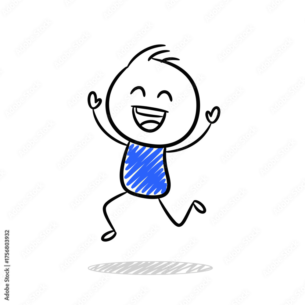 Obraz premium A joyful hand-drawn doodle of a stick figure character with a big, happy smile, jumping in the air to express pure excitement and success