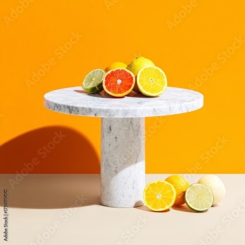 Colorful Citrus Fruits on Round Marble Table Against Bright Orange Background