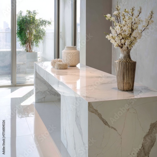 Bright Modern Interior with Marble Table and Elegant Floral Arrangement