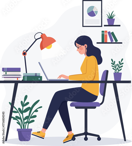 Young woman working remotely on laptop at desk with lamp and plants inspiring home office scene isolated on transparent background Vector