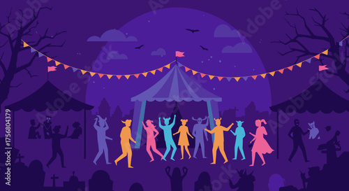 Colorful silhouettes dance joyfully at a lively outdoor night festival, featuring a grand tent, festive bunting, and stalls under a mysterious purple sky.