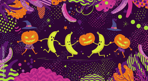 A playful Halloween illustration featuring dancing pumpkins and bananas in a vibrant, abstract, and festive party scene.