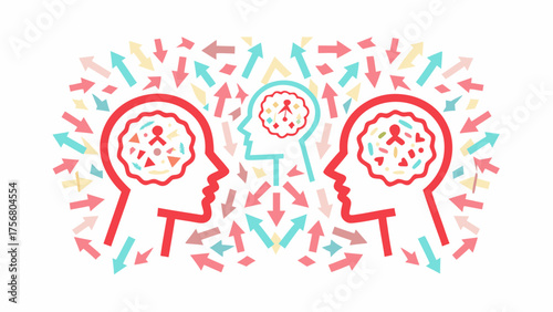 Two red head profiles facing each other with arrows and a blue head profile in the middle around them silhouette