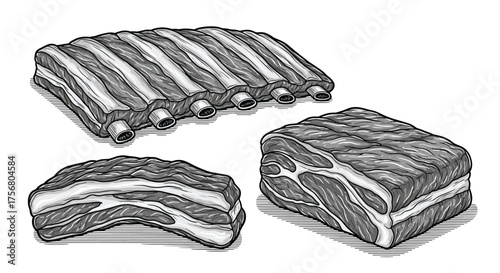 Three cuts of raw pork including spare ribs and pork shoulder.