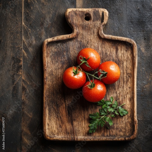 Fresh Red Tomatoes on Wooden Cutting Board with Green Herb Accent