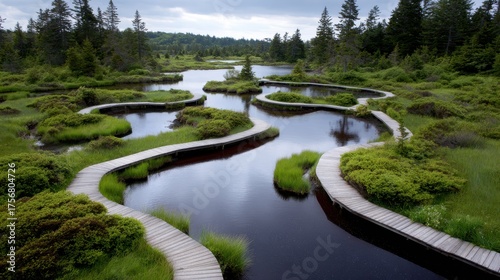 Wooden boardwalk through winding wetland with green trees
