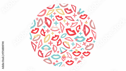 Circular arrangement of abstract lips and plus signs in various colors on a white background design silhouette