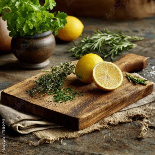 Fresh Herbs and Citrus on Rustic Wooden Cutting Board Close-Up