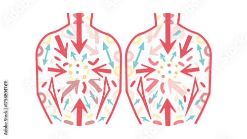 Two stylized human figures with arrows pointing inward and outward in various directions and colors silhouette