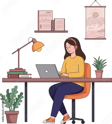 Creative woman working on laptop at desk surrounded by plants and desk accessories isolated on transparent background Vector