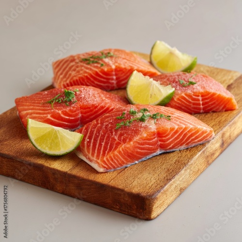 Fresh Salmon Fillets with Lime Slices on Wooden Cutting Board