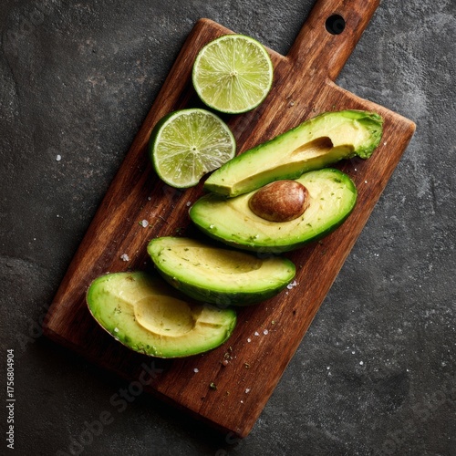Fresh Avocado and Lime Slices on Wooden Cutting Board