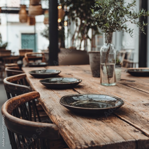 Rustic Dining Table with Empty Plates and Greenery Decor