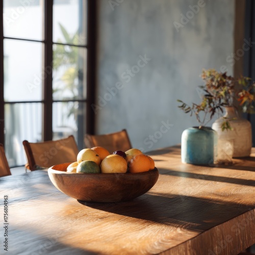 Warm Wooden Table with Bowl of Fruit and Colorful Vases in Room