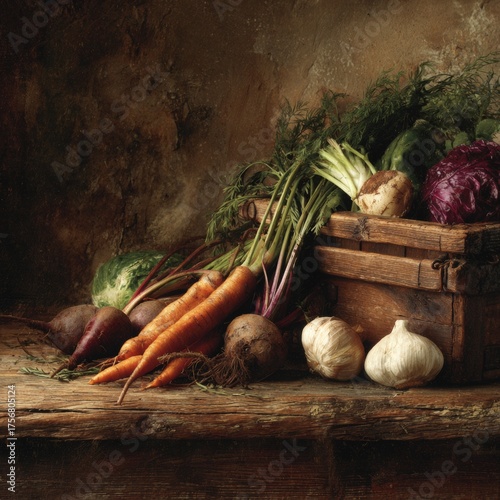 Fresh Harvest of Organic Vegetables on Rustic Wooden Surface