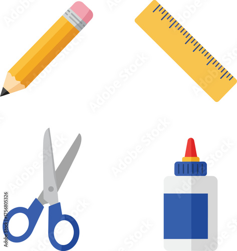 School supplies icons featuring pencil ruler scissors and glue bottle isolated objects isolated on transparent background Vector