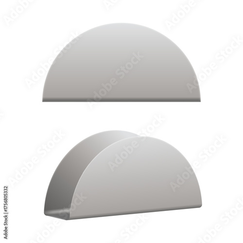 Metallic napkin holder 3D vector mockup half circle shape shape in minimalist design isolated on white background side and isometric view, elegant silver table accessory for kitchen, cafe, restaurant.