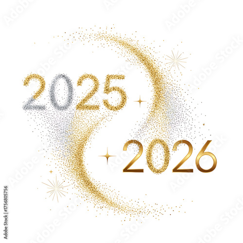 Elegant 2025 to 2026 New Year transition in gold and silver glitter design