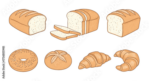 A selection of freshly baked breads and pastries including loaves and croissants.