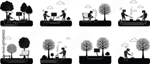 Humanoid robot with dog, environmental monitoring illustration, smart technology vector, wireless connectivity, futuristic AI design, nature interaction, digital ecosystem concept
